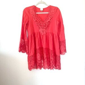 Cupio Red Salmon Crochet Tunic Blouse Lace Bell Sleeve Boho S